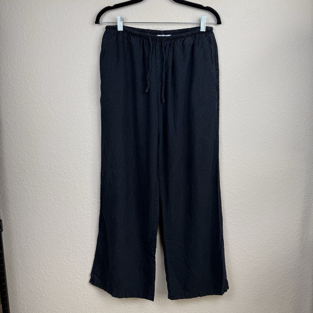 Bershka Womens Black Linen Blend Wide Leg Drawstring Waist Pants Sz L Comfort